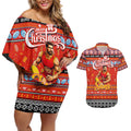 Personalized Suns Rugby Xmas Couples Matching Off Shoulder Short Dress and Hawaiian Shirt Australia AFL Mascot