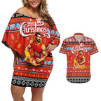 Personalized Suns Rugby Xmas Couples Matching Off Shoulder Short Dress and Hawaiian Shirt Australia AFL Mascot