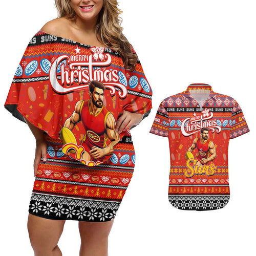 Personalized Suns Rugby Xmas Couples Matching Off Shoulder Short Dress and Hawaiian Shirt Australia AFL Mascot