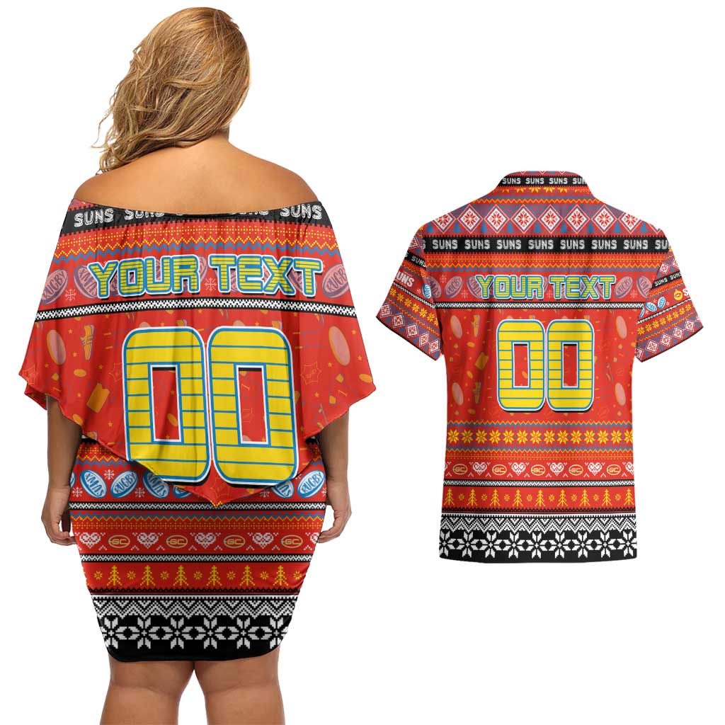 Personalized Suns Rugby Xmas Couples Matching Off Shoulder Short Dress and Hawaiian Shirt Australia AFL Mascot