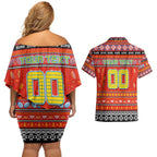 Personalized Suns Rugby Xmas Couples Matching Off Shoulder Short Dress and Hawaiian Shirt Australia AFL Mascot