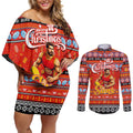 Personalized Suns Rugby Xmas Couples Matching Off Shoulder Short Dress and Long Sleeve Button Shirt Australia AFL Mascot