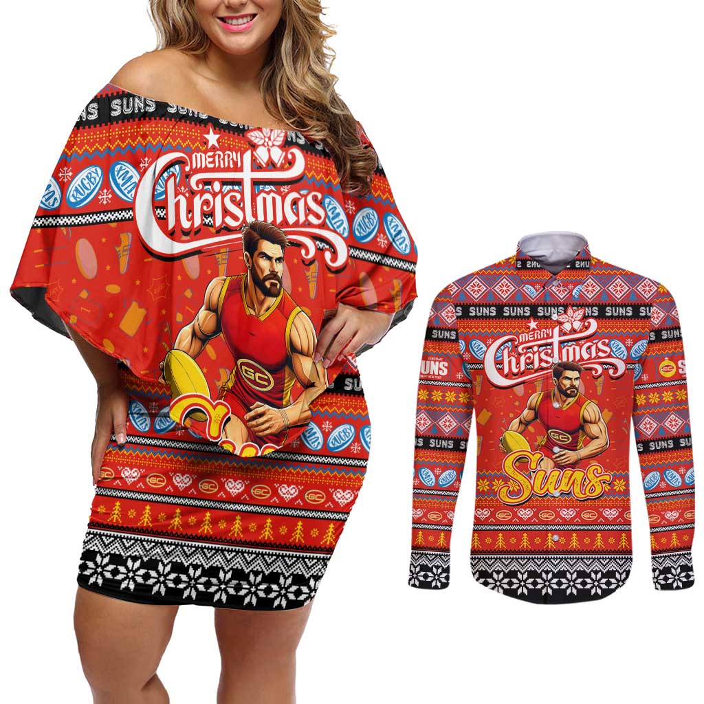 Personalized Suns Rugby Xmas Couples Matching Off Shoulder Short Dress and Long Sleeve Button Shirt Australia AFL Mascot
