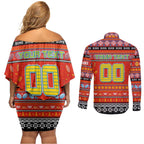 Personalized Suns Rugby Xmas Couples Matching Off Shoulder Short Dress and Long Sleeve Button Shirt Australia AFL Mascot