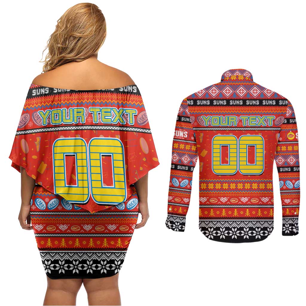Personalized Suns Rugby Xmas Couples Matching Off Shoulder Short Dress and Long Sleeve Button Shirt Australia AFL Mascot