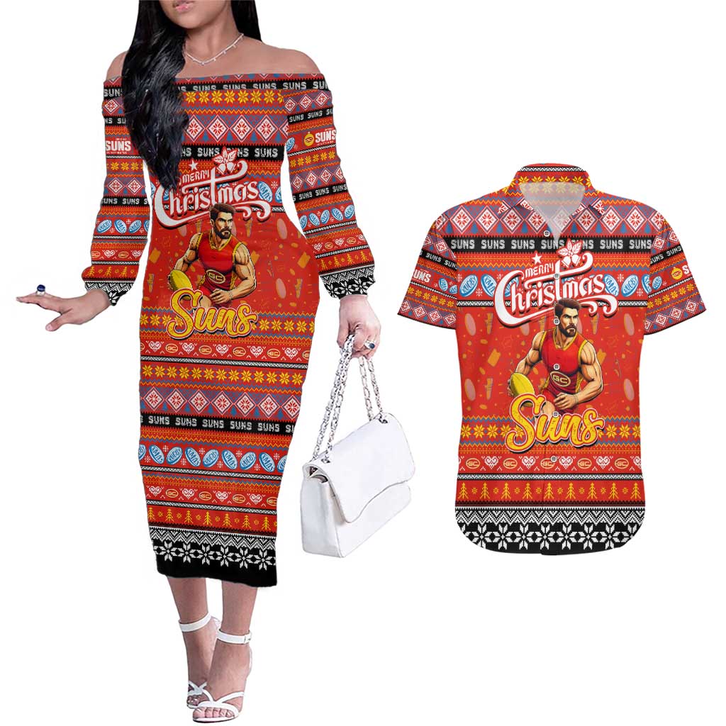 Personalized Suns Rugby Xmas Couples Matching Off The Shoulder Long Sleeve Dress and Hawaiian Shirt Australia AFL Mascot