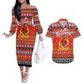 Personalized Suns Rugby Xmas Couples Matching Off The Shoulder Long Sleeve Dress and Hawaiian Shirt Australia AFL Mascot