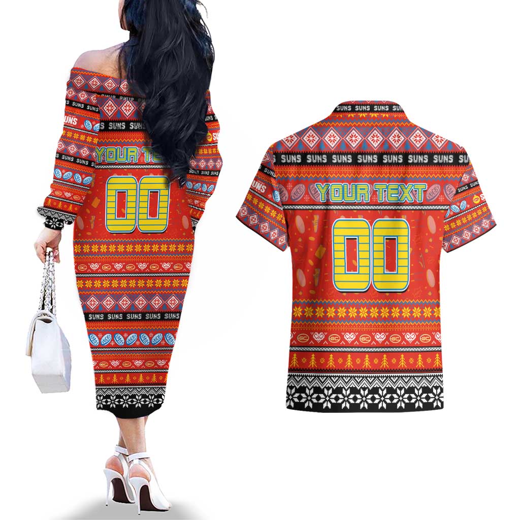 Personalized Suns Rugby Xmas Couples Matching Off The Shoulder Long Sleeve Dress and Hawaiian Shirt Australia AFL Mascot