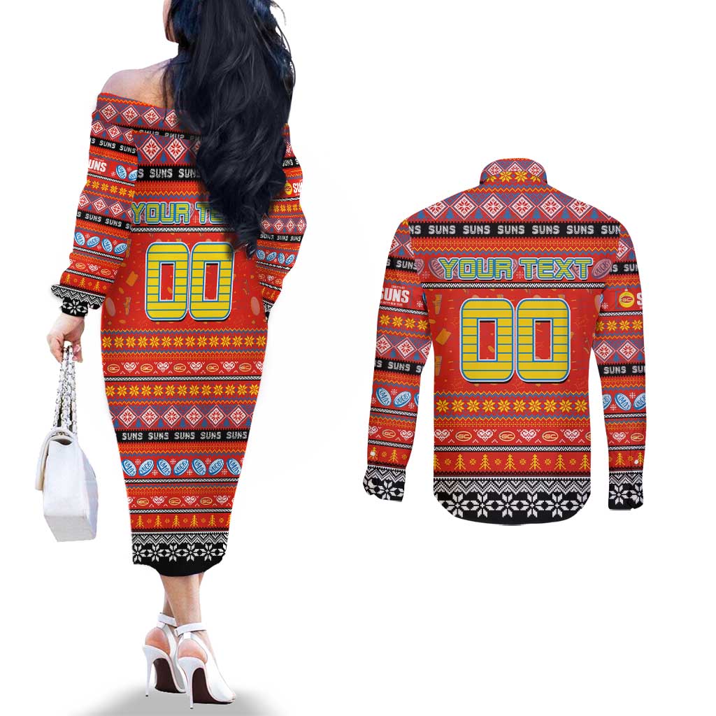 Personalized Suns Rugby Xmas Couples Matching Off The Shoulder Long Sleeve Dress and Long Sleeve Button Shirt Australia AFL Mascot