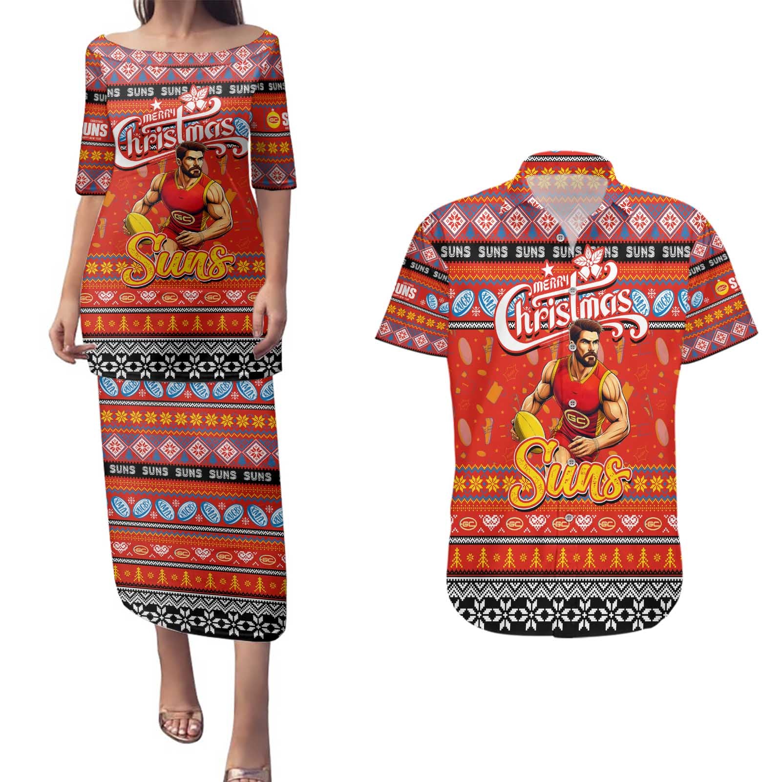 Personalized Suns Rugby Xmas Couples Matching Puletasi and Hawaiian Shirt Australia AFL Mascot