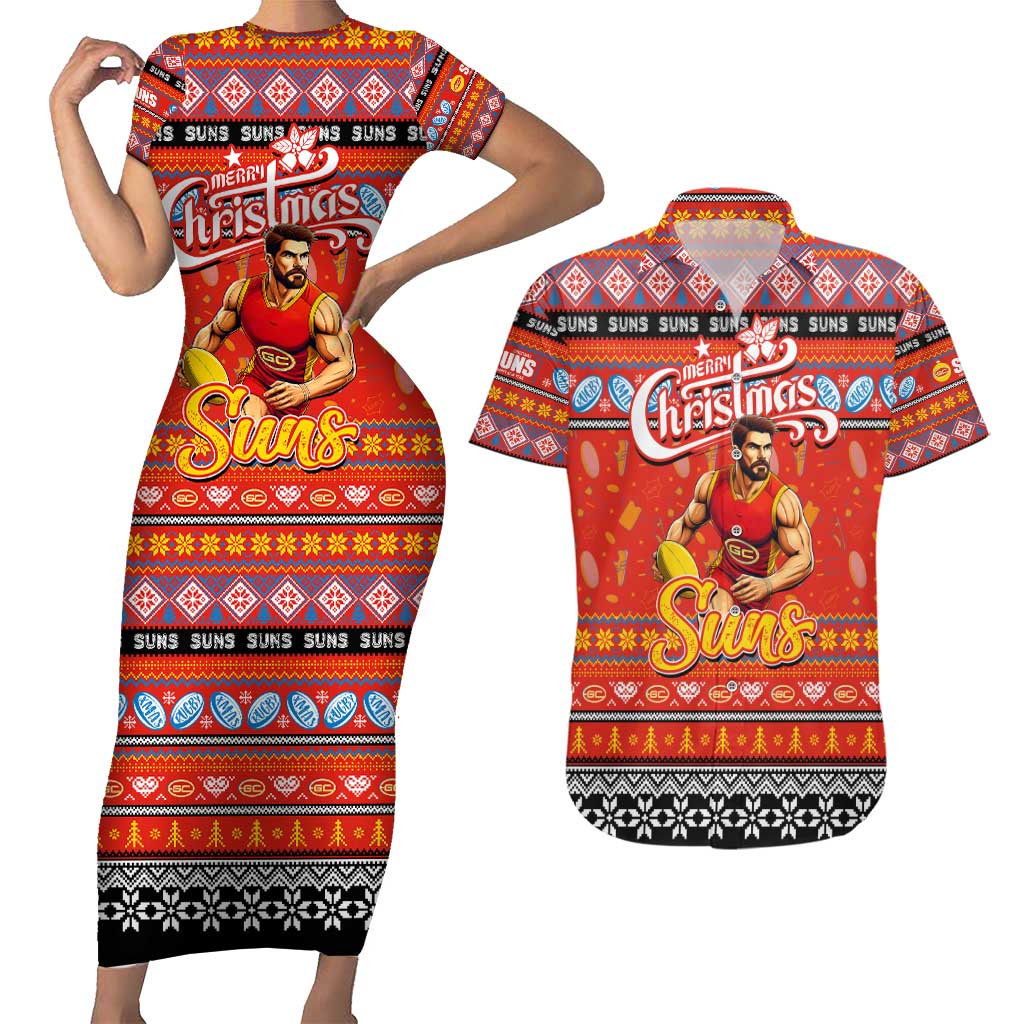 Personalized Suns Rugby Xmas Couples Matching Short Sleeve Bodycon Dress and Hawaiian Shirt Australia AFL Mascot