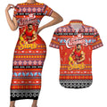 Personalized Suns Rugby Xmas Couples Matching Short Sleeve Bodycon Dress and Hawaiian Shirt Australia AFL Mascot
