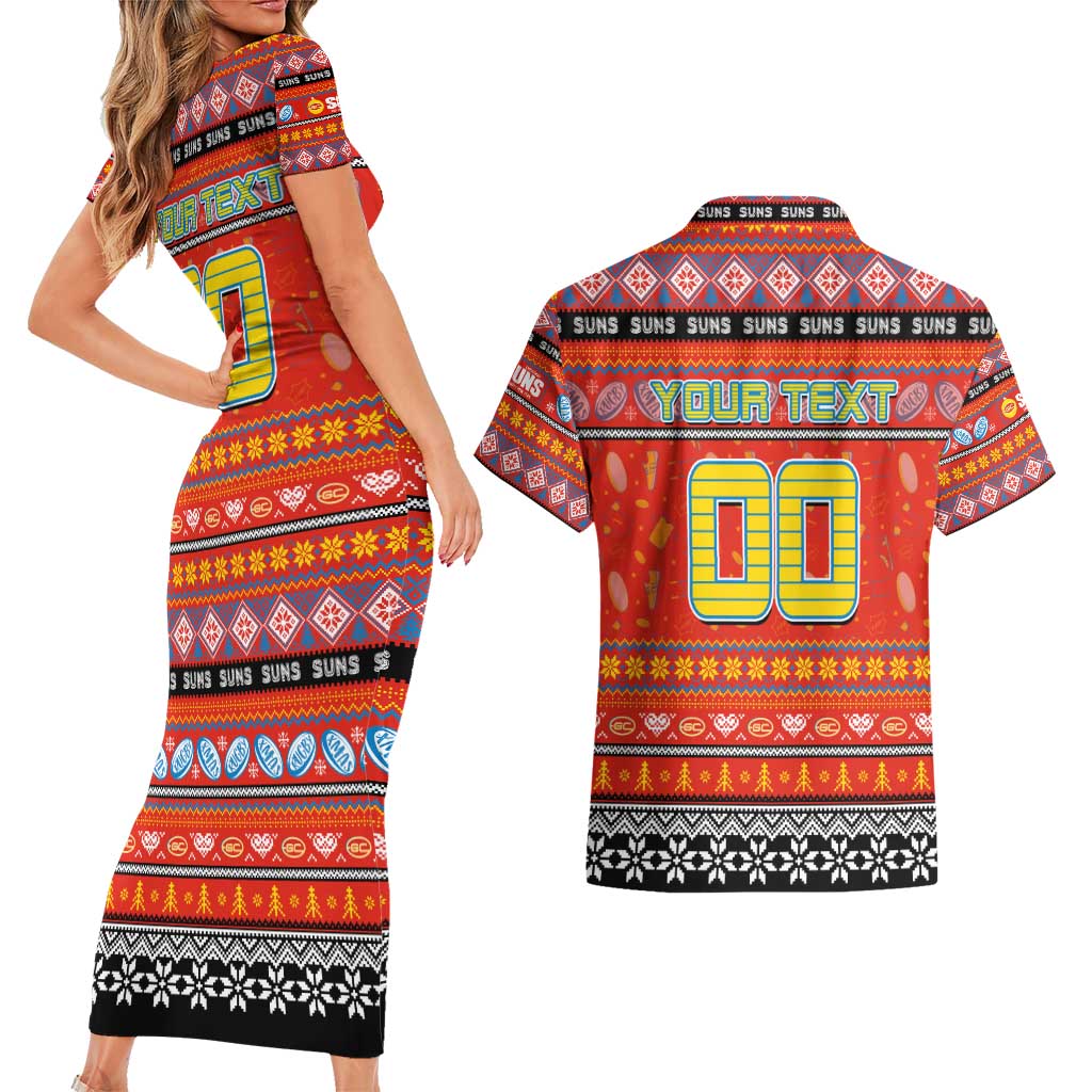 Personalized Suns Rugby Xmas Couples Matching Short Sleeve Bodycon Dress and Hawaiian Shirt Australia AFL Mascot