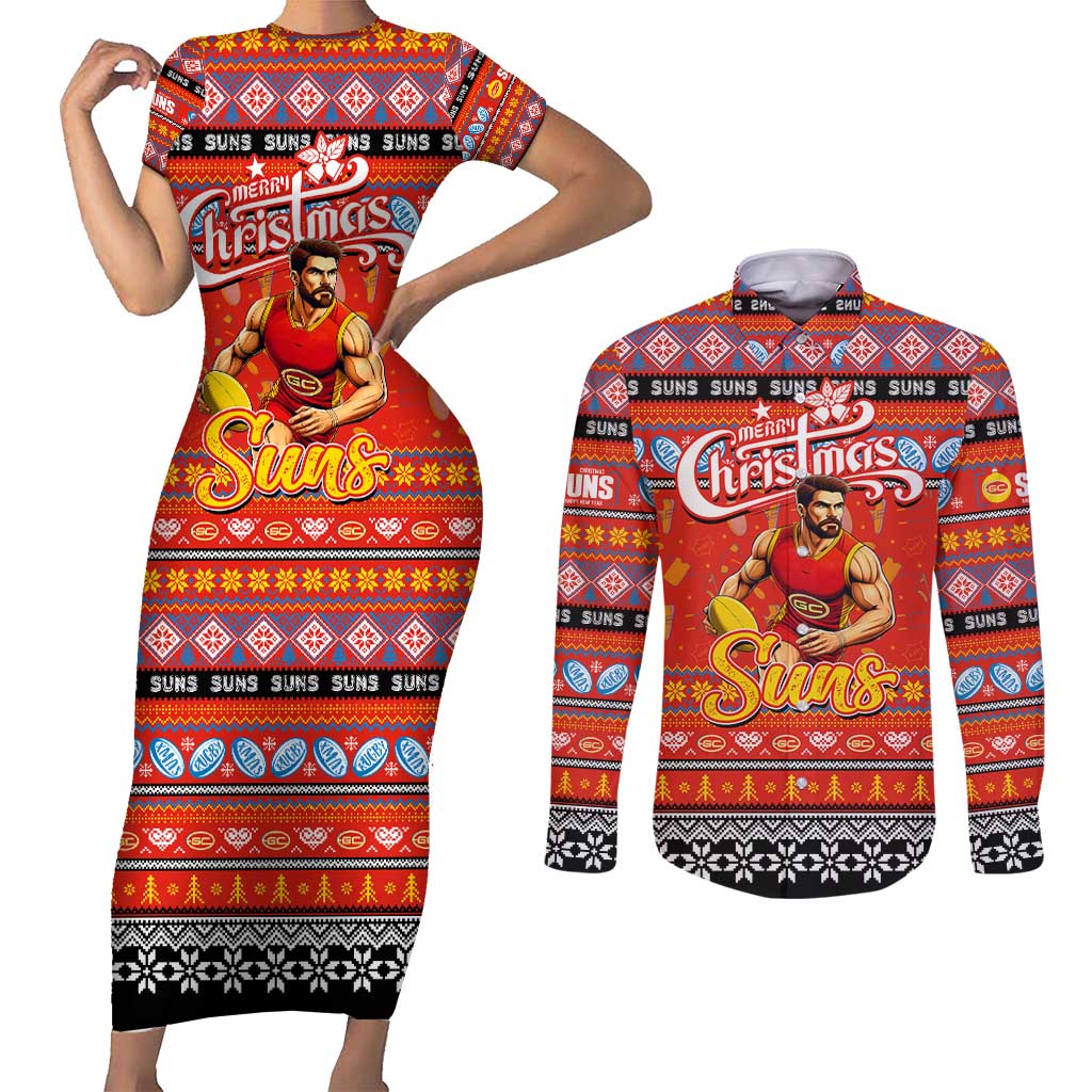 Personalized Suns Rugby Xmas Couples Matching Short Sleeve Bodycon Dress and Long Sleeve Button Shirt Australia AFL Mascot