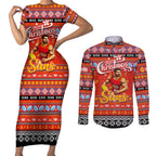 Personalized Suns Rugby Xmas Couples Matching Short Sleeve Bodycon Dress and Long Sleeve Button Shirt Australia AFL Mascot