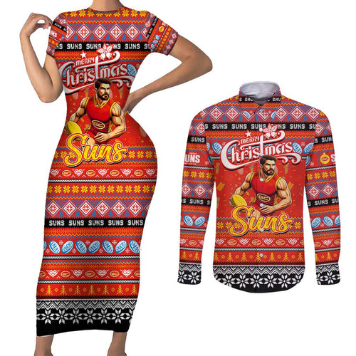 Personalized Suns Rugby Xmas Couples Matching Short Sleeve Bodycon Dress and Long Sleeve Button Shirt Australia AFL Mascot