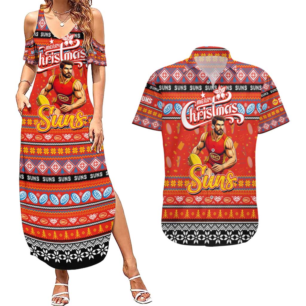 Personalized Suns Rugby Xmas Couples Matching Summer Maxi Dress and Hawaiian Shirt Australia AFL Mascot