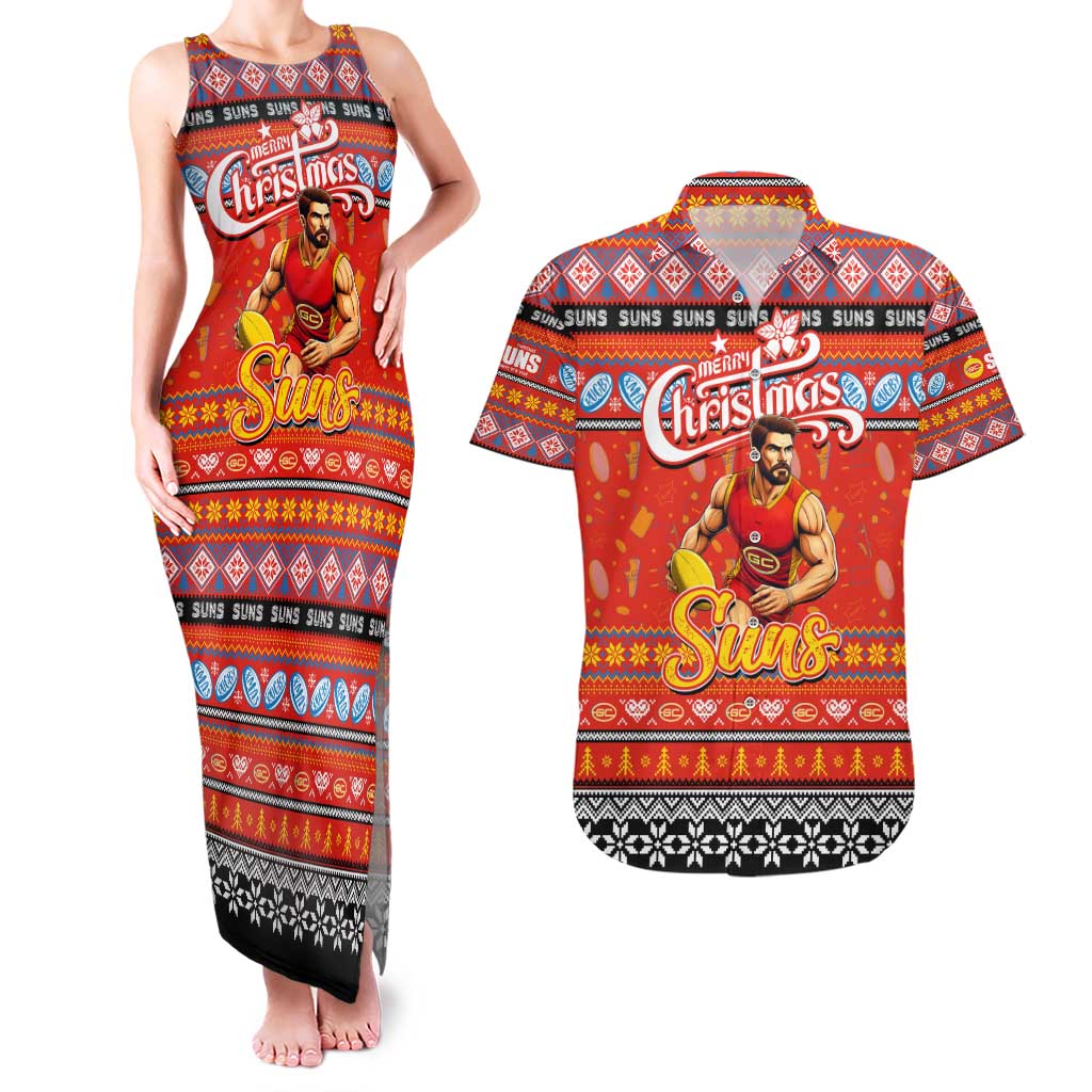 Personalized Suns Rugby Xmas Couples Matching Tank Maxi Dress and Hawaiian Shirt Australia AFL Mascot