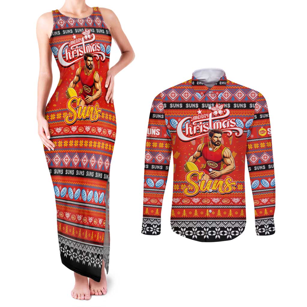 Personalized Suns Rugby Xmas Couples Matching Tank Maxi Dress and Long Sleeve Button Shirt Australia AFL Mascot