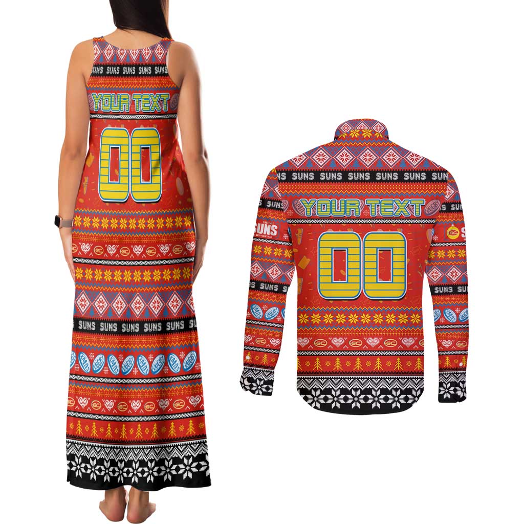 Personalized Suns Rugby Xmas Couples Matching Tank Maxi Dress and Long Sleeve Button Shirt Australia AFL Mascot