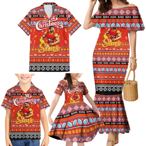 Personalized Suns Rugby Xmas Family Matching Mermaid Dress and Hawaiian Shirt Australia AFL Mascot