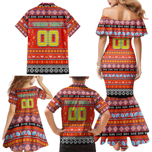 Personalized Suns Rugby Xmas Family Matching Mermaid Dress and Hawaiian Shirt Australia AFL Mascot