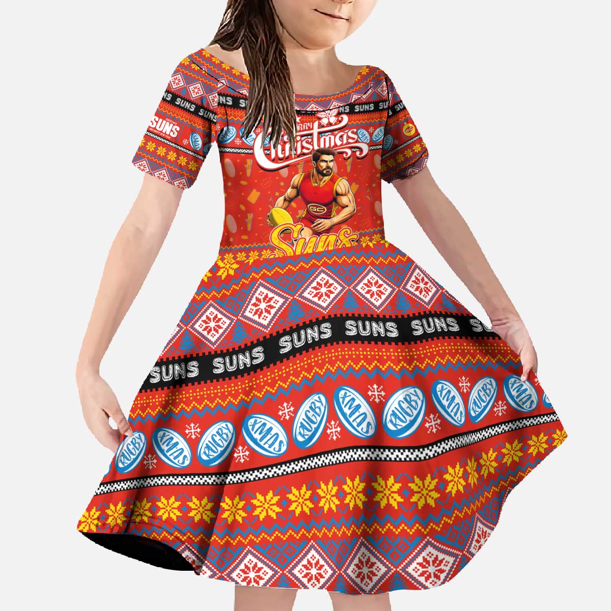 Personalized Suns Rugby Xmas Family Matching Off The Shoulder Long Sleeve Dress and Hawaiian Shirt Australia AFL Mascot