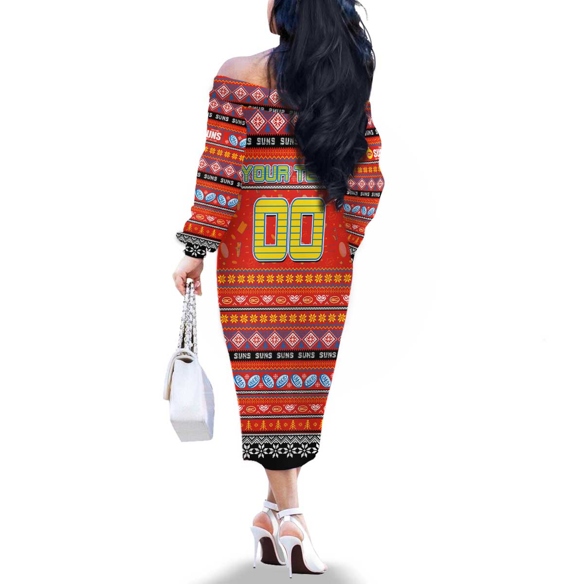 Personalized Suns Rugby Xmas Family Matching Off The Shoulder Long Sleeve Dress and Hawaiian Shirt Australia AFL Mascot