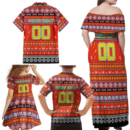 Personalized Suns Rugby Xmas Family Matching Off Shoulder Maxi Dress and Hawaiian Shirt Australia AFL Mascot