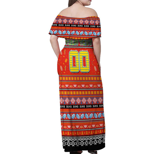 Personalized Suns Rugby Xmas Family Matching Off Shoulder Maxi Dress and Hawaiian Shirt Australia AFL Mascot