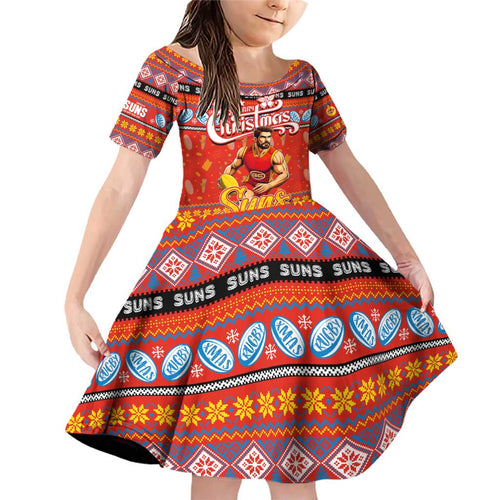 Personalized Suns Rugby Xmas Family Matching Off Shoulder Short Dress and Hawaiian Shirt Australia AFL Mascot