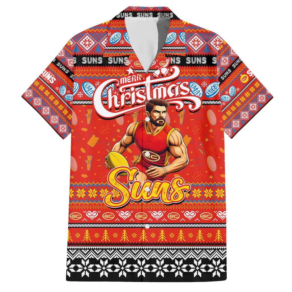 Personalized Suns Rugby Xmas Family Matching Off Shoulder Short Dress and Hawaiian Shirt Australia AFL Mascot