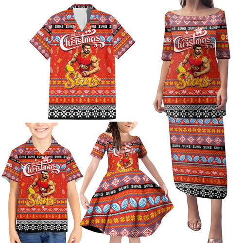 Personalized Suns Rugby Xmas Family Matching Puletasi and Hawaiian Shirt Australia AFL Mascot