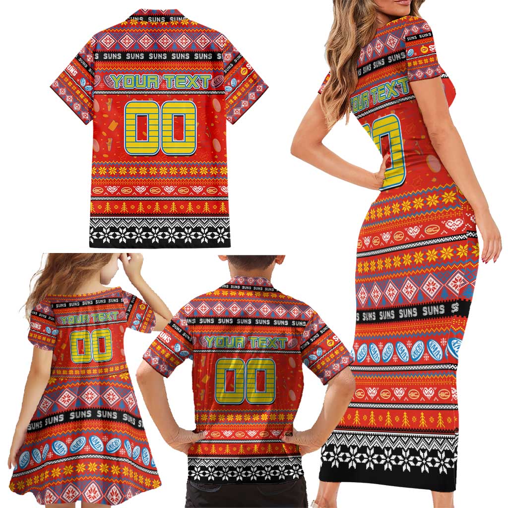 Personalized Suns Rugby Xmas Family Matching Short Sleeve Bodycon Dress and Hawaiian Shirt Australia AFL Mascot