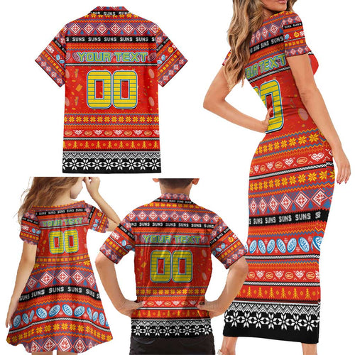 Personalized Suns Rugby Xmas Family Matching Short Sleeve Bodycon Dress and Hawaiian Shirt Australia AFL Mascot