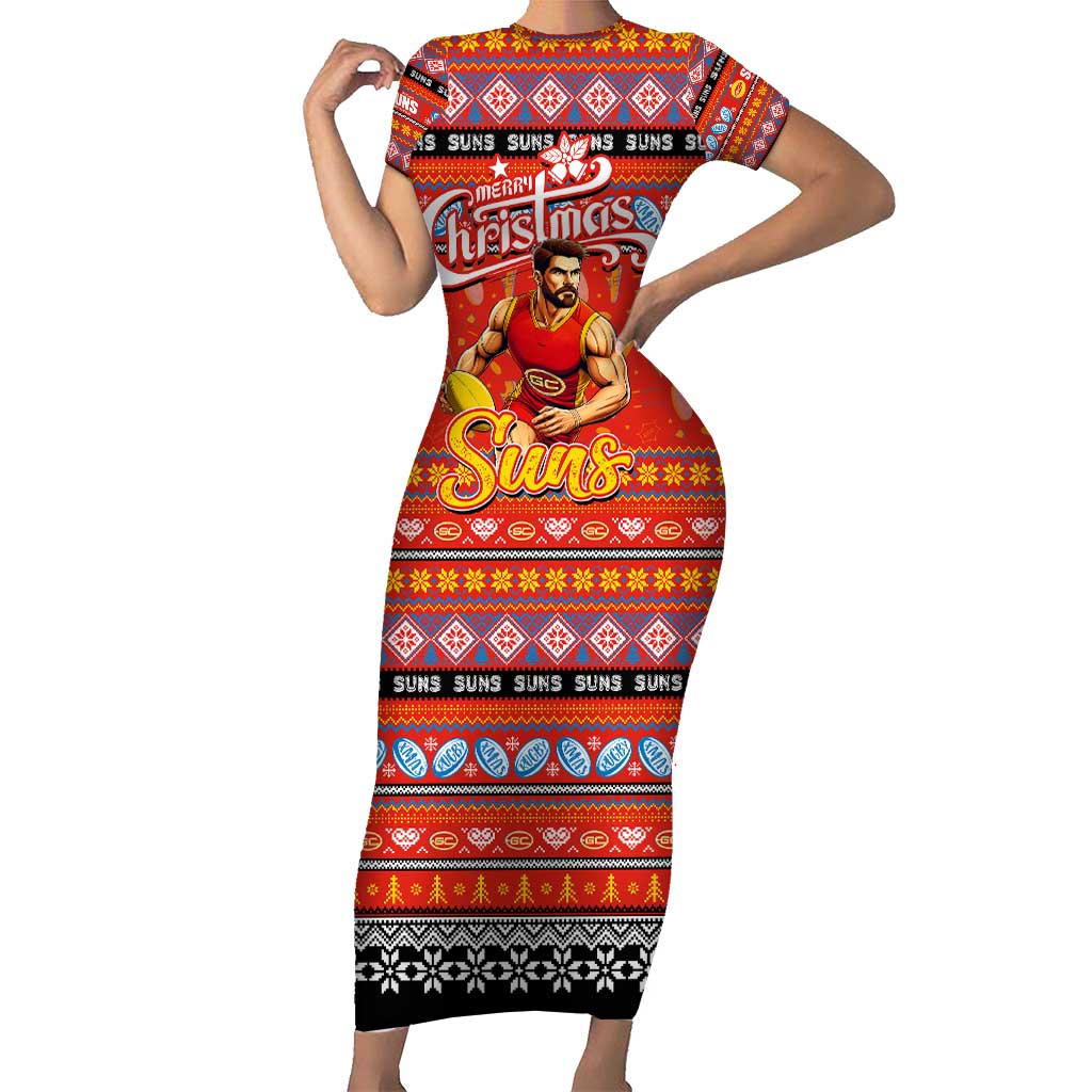 Personalized Suns Rugby Xmas Family Matching Short Sleeve Bodycon Dress and Hawaiian Shirt Australia AFL Mascot