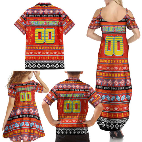 Personalized Suns Rugby Xmas Family Matching Summer Maxi Dress and Hawaiian Shirt Australia AFL Mascot