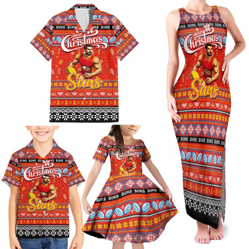 Personalized Suns Rugby Xmas Family Matching Tank Maxi Dress and Hawaiian Shirt Australia AFL Mascot