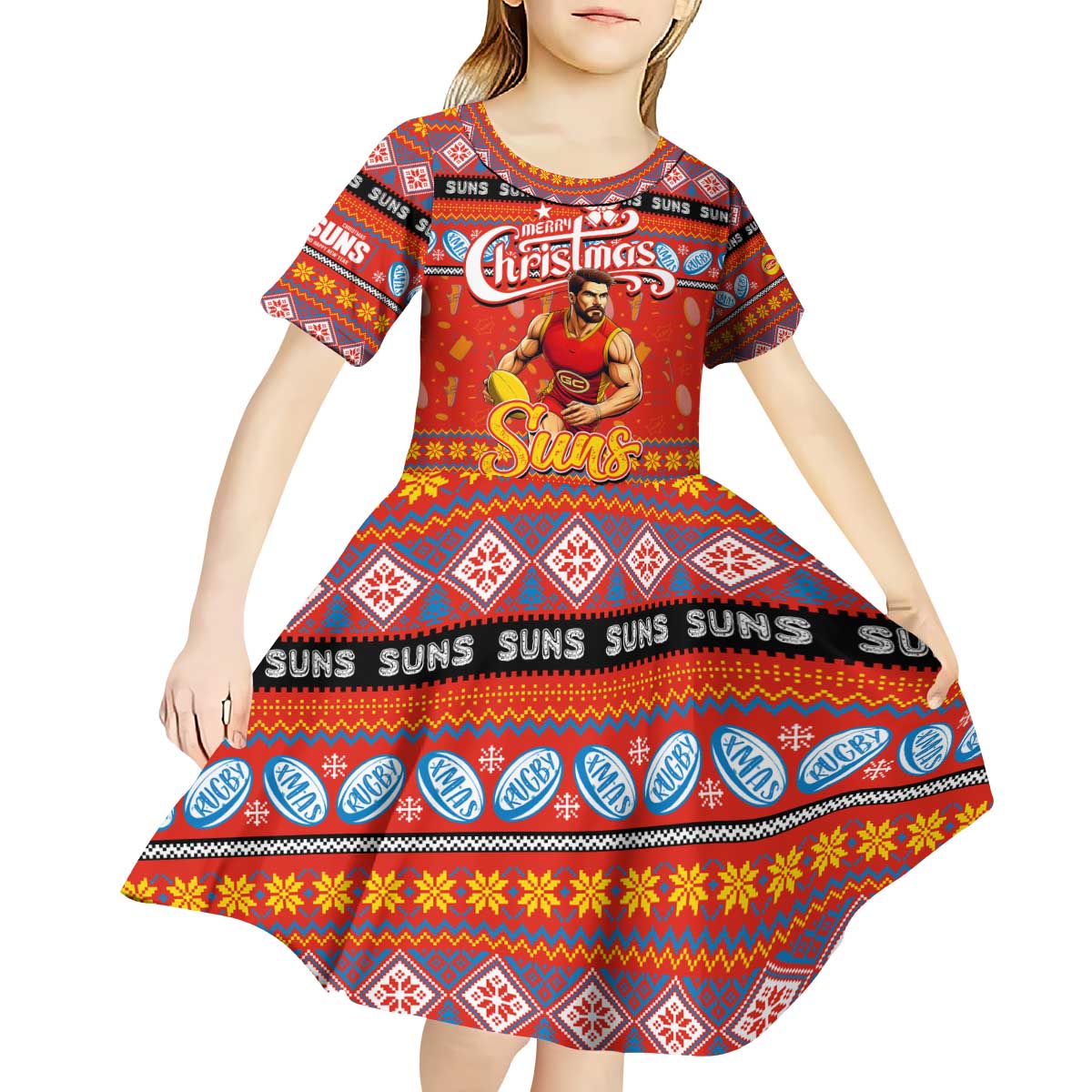 Personalized Suns Rugby Xmas Kid Short Sleeve Dress Australia AFL Mascot