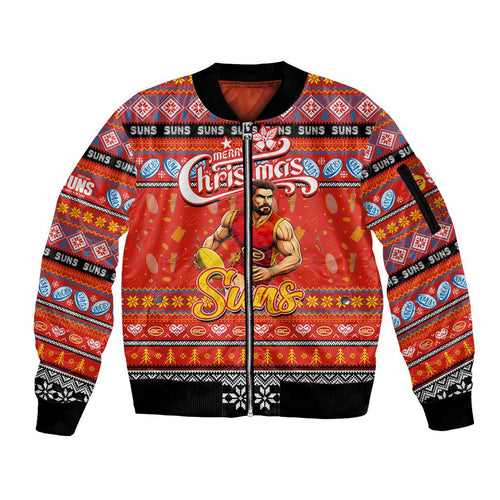Personalized Suns Rugby Xmas Sleeve Zip Bomber Jacket Australia AFL Mascot