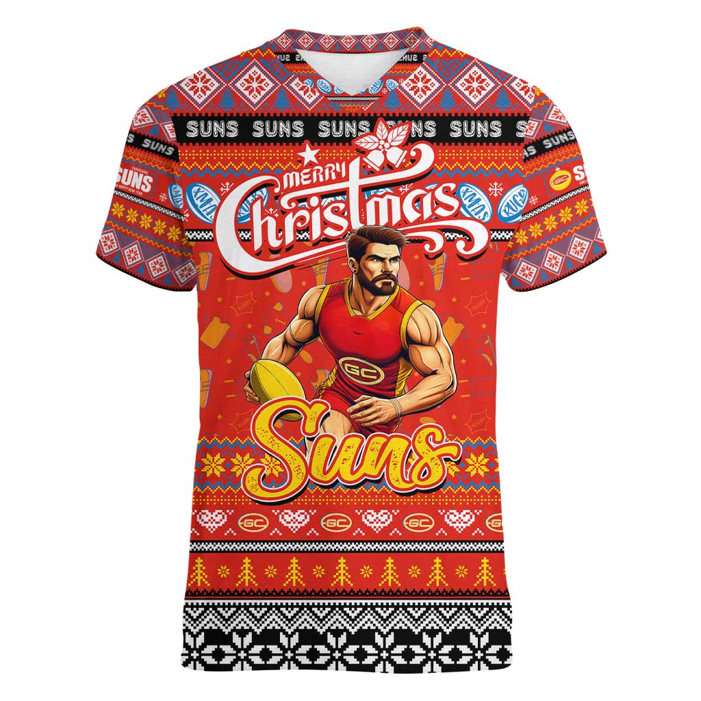 Personalized Suns Rugby Xmas Women V-Neck T-Shirt Australia AFL Mascot