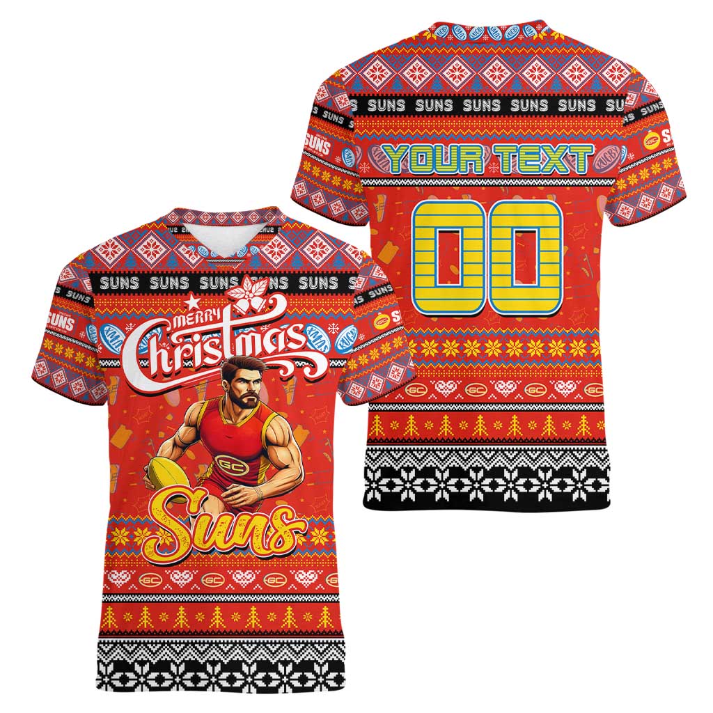 Personalized Suns Rugby Xmas Women V-Neck T-Shirt Australia AFL Mascot