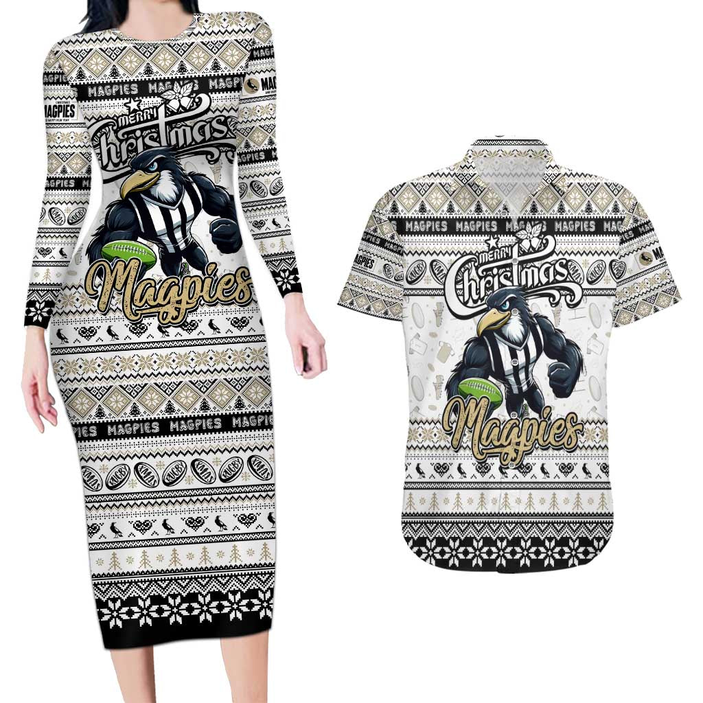 Personalized Magpies Rugby Xmas Couples Matching Long Sleeve Bodycon Dress and Hawaiian Shirt Australia AFL Mascot