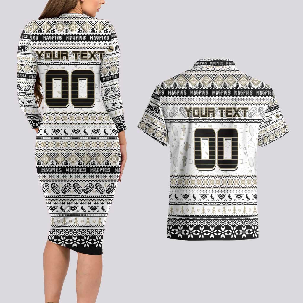 Personalized Magpies Rugby Xmas Couples Matching Long Sleeve Bodycon Dress and Hawaiian Shirt Australia AFL Mascot