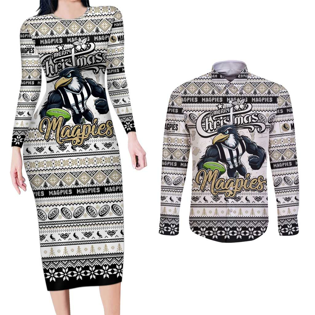 Personalized Magpies Rugby Xmas Couples Matching Long Sleeve Bodycon Dress and Long Sleeve Button Shirt Australia AFL Mascot