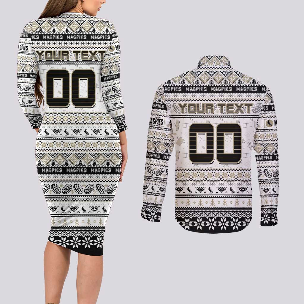 Personalized Magpies Rugby Xmas Couples Matching Long Sleeve Bodycon Dress and Long Sleeve Button Shirt Australia AFL Mascot