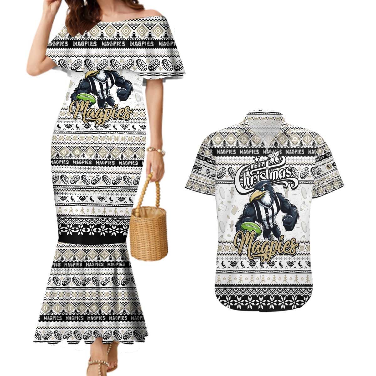 Personalized Magpies Rugby Xmas Couples Matching Mermaid Dress and Hawaiian Shirt Australia AFL Mascot