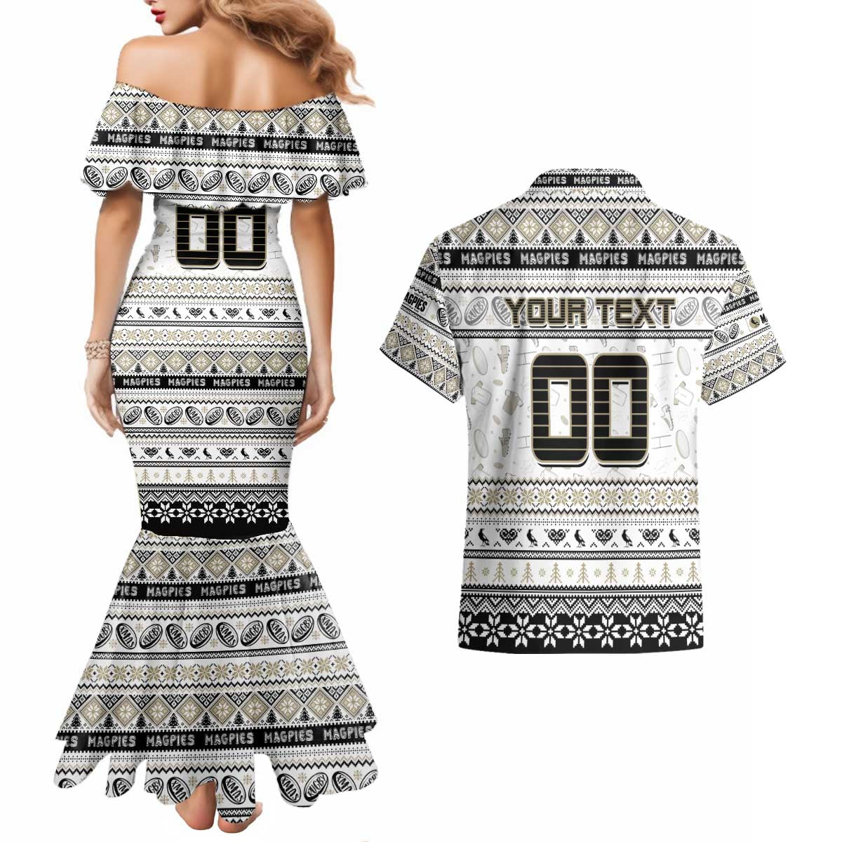 Personalized Magpies Rugby Xmas Couples Matching Mermaid Dress and Hawaiian Shirt Australia AFL Mascot