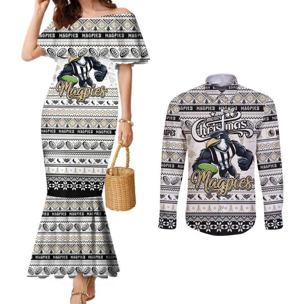 Personalized Magpies Rugby Xmas Couples Matching Mermaid Dress and Long Sleeve Button Shirt Australia AFL Mascot