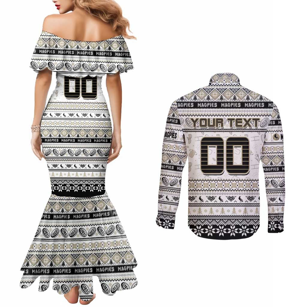 Personalized Magpies Rugby Xmas Couples Matching Mermaid Dress and Long Sleeve Button Shirt Australia AFL Mascot